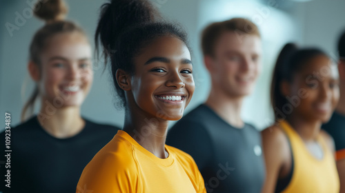 Smiling multicultural group of young athletes in a training session at a sports facility in the afternoon. Generative AI