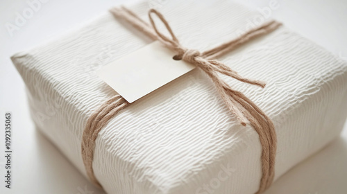 A close-up view of a beautifully wrapped carton box using biodegradable white paper, showcasing its texture and a handwritten label, with a clean white background to highlight its eco-conscious design photo