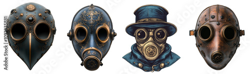 Steampunk gas masks in various designs and colors transparent background photo