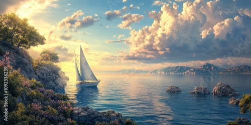 Stunning seascape showcasing a captivating view ideal for traveling, yachting, and vacation themes. This beautiful seascape reflects serenity and adventure in a water based environment. photo