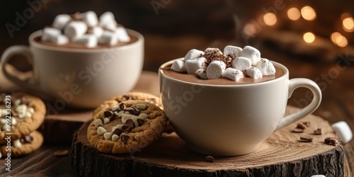 Wallpaper Mural Warm hot cocoa or hot chocolate served in cups, accompanied by marshmallows and cookies in the background, beautifully captured on wood with selective focus on the right cocoa s surface. Torontodigital.ca