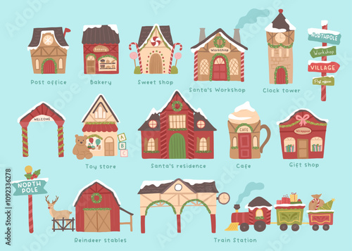 Collection of Winter Christmas North pole village vector illustration 