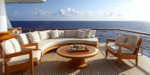 Teak wood adorns the aft deck of a luxurious super yacht, featuring an inviting seating area perfect for relaxation. The teak wood enhances the elegance of the super yacht s outdoor space. photo