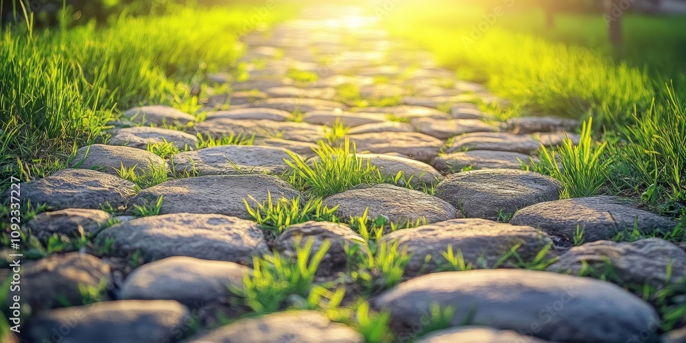 Naklejka premium A sunlit stone road features green grass sprouting through the stones, creating a beautiful natural background that highlights the contrast between the stone and the vibrant grass.