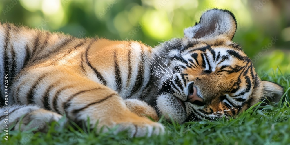 Fototapeta premium Adorable sleeping tiger cub captures the beauty of a striped predator. This close up shot highlights the charm of the tiger cub as it rests peacefully in the grass. Enjoy the serenity of this tiger