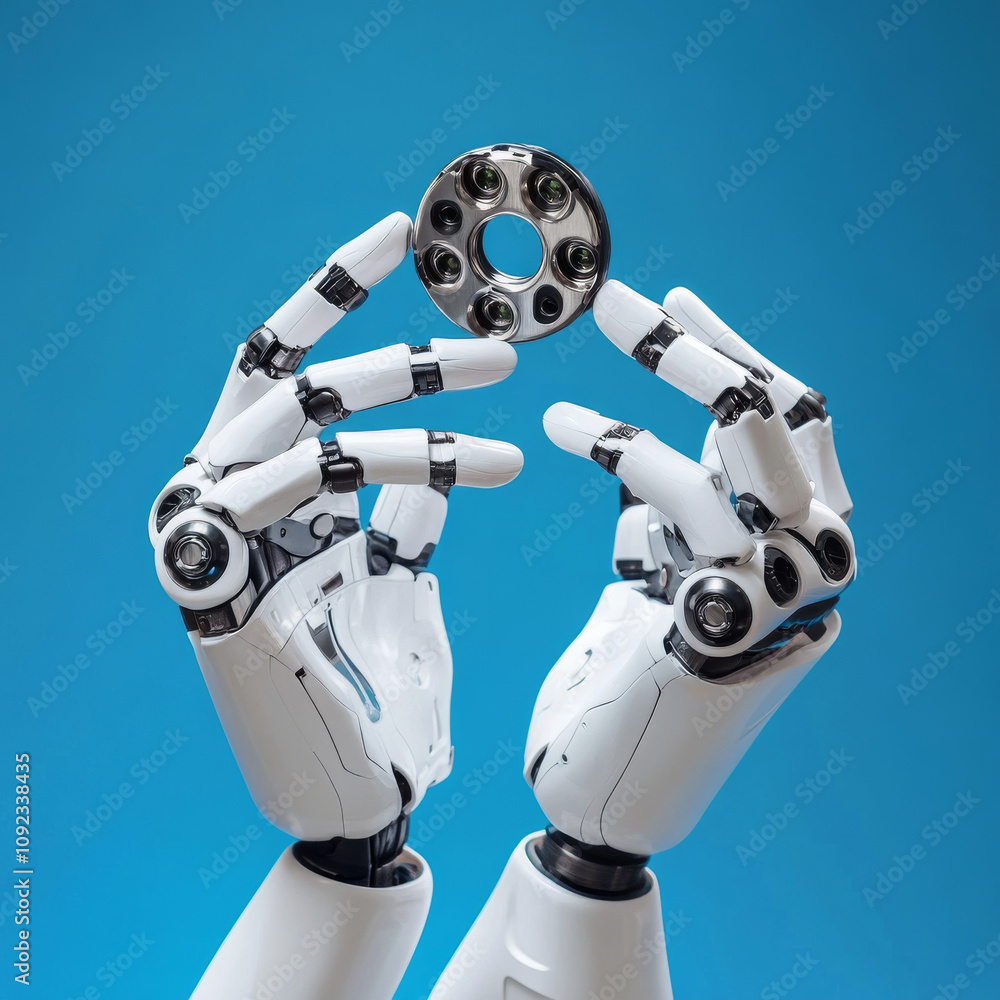 A hand spinner toy held by robot hands, with the robot showcasing the fidget toy for improved focus and stress relief. The background features a futuristic blue design, presented as a vector illustrat