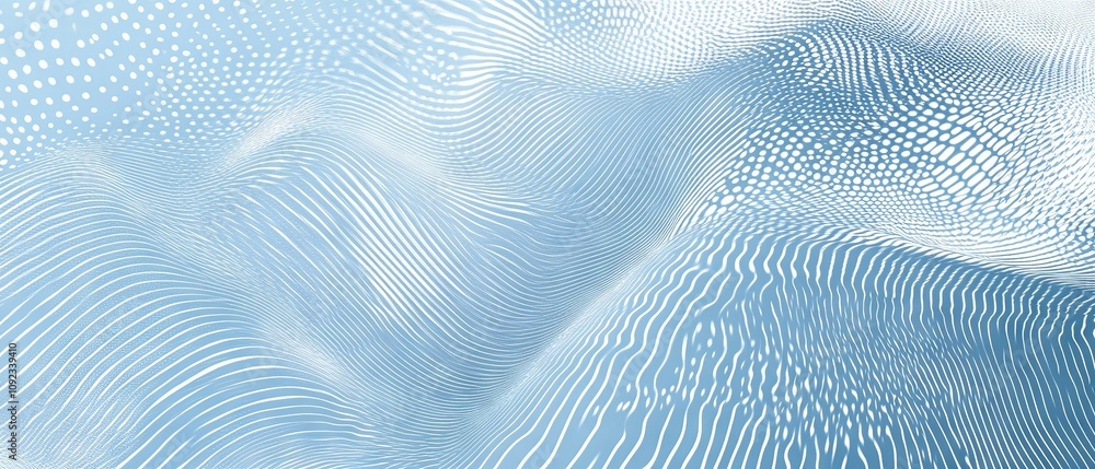 Halftone wave lines texture with white dotted stripes on light blue background, warped and curved lines wallpaper, sea water and wind air flow concept, vector design template