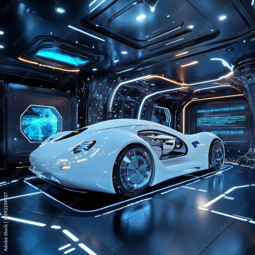 Obraz premium A digital smart car with futuristic technology in a virtual room.
