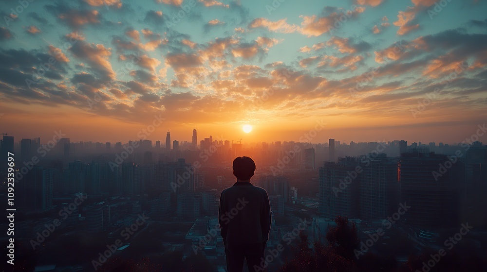 Fototapeta premium Silhouette Person Watching City Sunrise Skyline