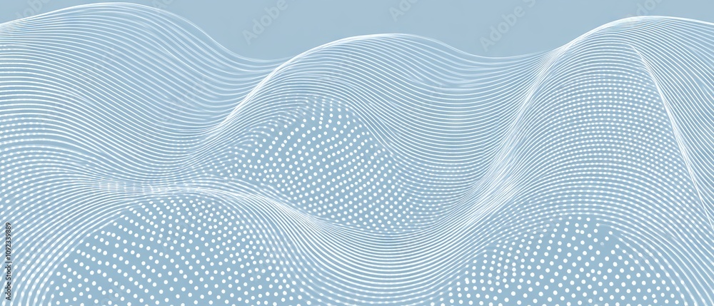 Halftone wave lines texture with white dotted stripes on light blue background, warped and curved lines wallpaper, sea water and wind air flow concept, vector design template