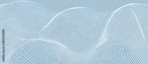 Obraz na płótnie Halftone wave lines texture with white dotted stripes on light blue background, warped and curved lines wallpaper, sea water and wind air flow concept, vector design template w salonie