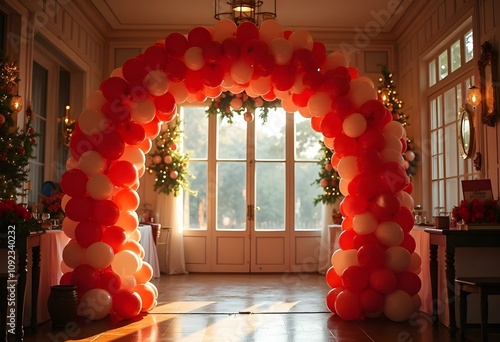 Festive Balloon Arch in Holiday Decorated Venue balloons are red and shiny the balloons are red and shiny. there are metallic colored balloons in between