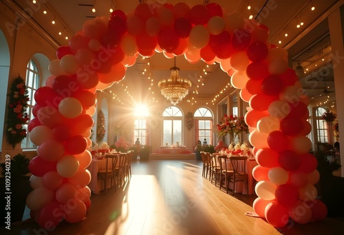 Festive Balloon Arch in Holiday Decorated Venue balloons are red and shiny the balloons are red and shiny. there are metallic colored balloons in between