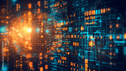 Wallpaper Mural digital globe surrounded by glowing data streams and binary code, representing technology and connectivity. vibrant colors create futuristic atmosphere Torontodigital.ca