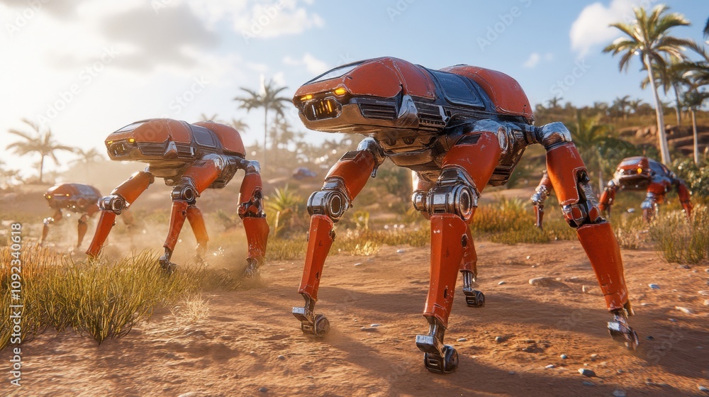 Obraz premium Futuristic Robotic Creatures Roaming a Desert Landscape with Palm Trees Under a Bright Blue Sky, Showcasing Advanced Technology and Imaginative Design Elements