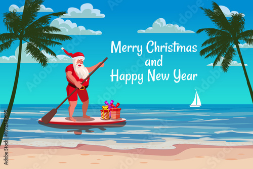 Santa Claus on paddle board with gifts on the resort tropical