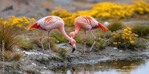 Andean flamingos, known as Phoenicoparrus andinus, are captivating birds found in high altitude regions. Discover the beauty and majesty of Andean flamingos in their natural habitat. photo