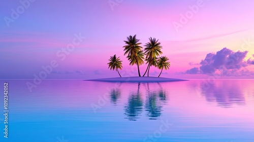 A serene tropical oasis surrounded by calm waters, featuring palm trees silhouetted against a stunning pastel sunset, perfect for relaxation and inspiration.