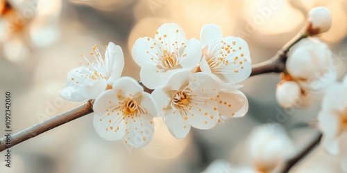 Close up of white plum blossoms in bloom, showcasing delicate petals against a softly blurred background. These exquisite white plum blossoms highlight nature s beauty in detail. photo