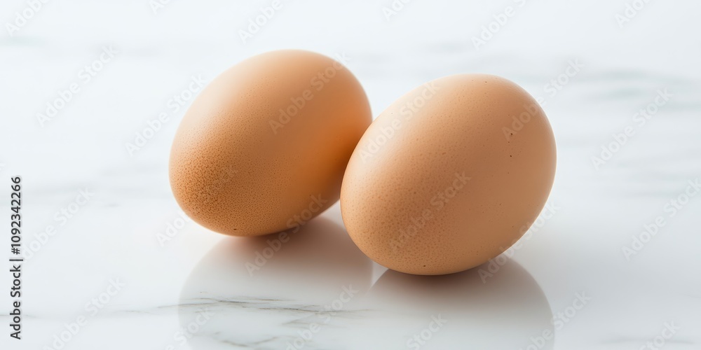 Two raw chicken eggs displayed on a clean white background, emphasizing the freshness and natural quality of raw chicken eggs in a simple and elegant presentation. Two raw chicken eggs displayed on a clean white background, emphasizing the freshness and natural quality of raw chicken eggs in a simple and elegant presentation.