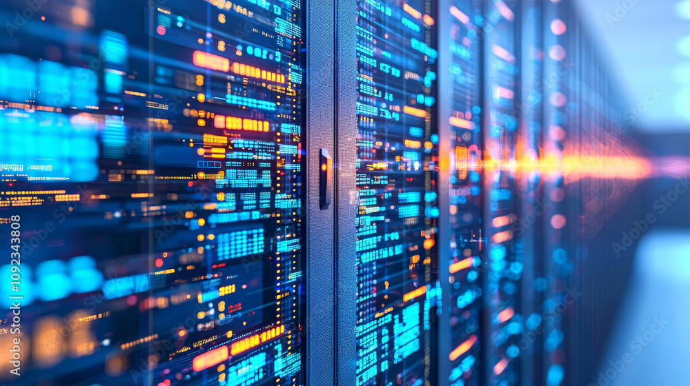 vibrant data center with illuminated server racks showcasing technology and connectivity. colorful lights represent data flow and digital communication vibrant data center with illuminated server racks showcasing technology and connectivity. colorful lights represent data flow and digital communication