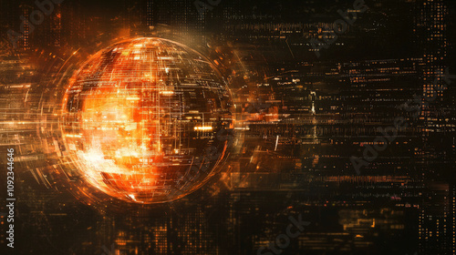 vibrant, pulsating orange sphere surrounded by glowing data streams, representing digital world. This evokes sense of energy and technological advancement