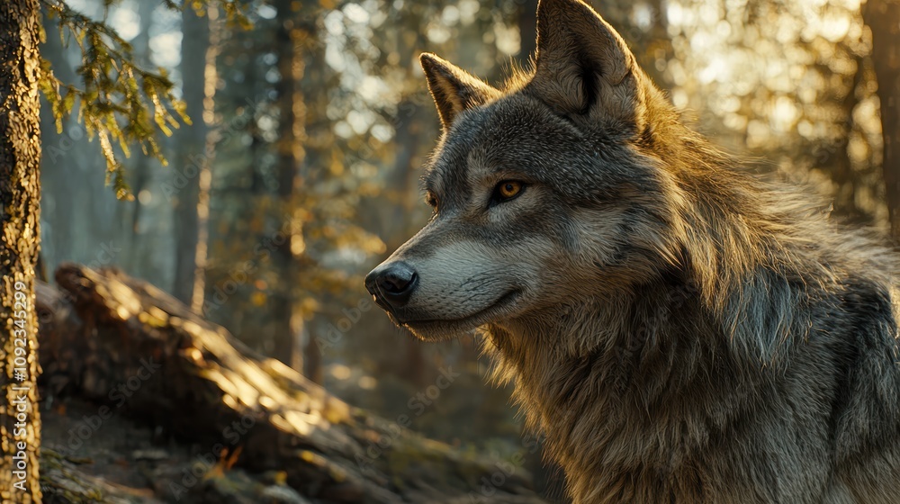 Majestic Wolf Profile in Sunlit Forest Setting Capturing the Essence of Wilderness, Freedom, and Natural Beauty in a Serene and Tranquil Environment Majestic Wolf Profile in Sunlit Forest Setting Capturing the Essence of Wilderness, Freedom, and Natural Beauty in a Serene and Tranquil Environment