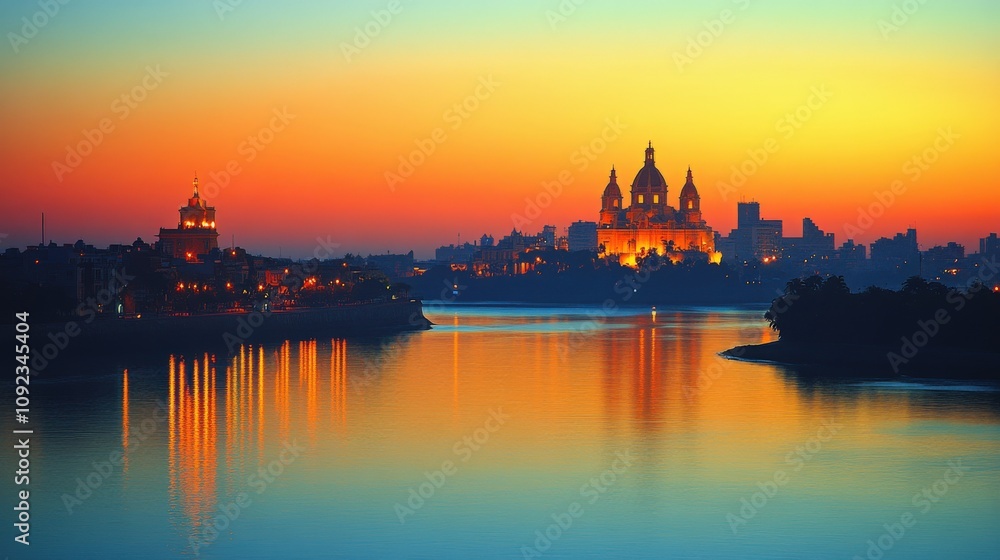 Naklejka premium A serene sunset over a river with illuminated buildings and reflections.