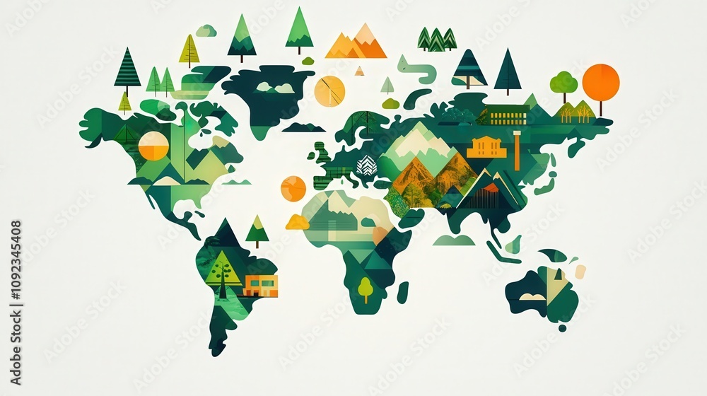Obraz premium Illustrated world map with sustainable travel symbols