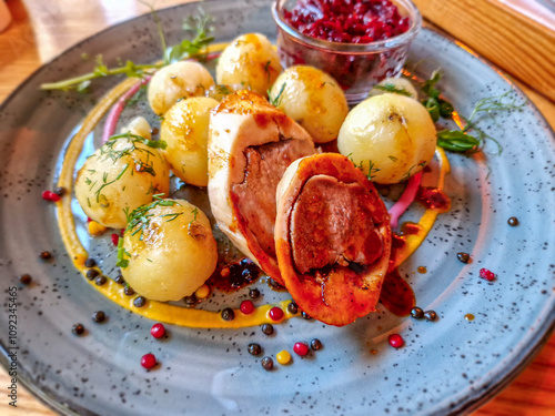 Obraz na płótnie Roulade with dumplings and fried beetroots. w salonie