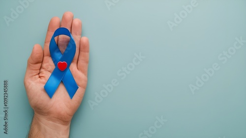 Wallpaper Mural First-person top view photo of male hands demonstrating blue ribbon with small red heart in palms symbol of prostate cancer awareness on isolated pastel blue background with space Torontodigital.ca