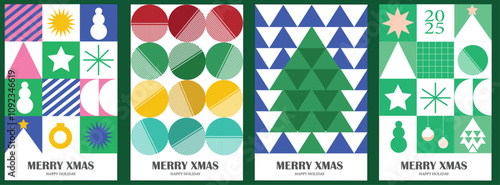 Graphic Modern Christmas Illustration Collection, colorful retro bauhaus design with shapes, christmas tree and christmas ball
