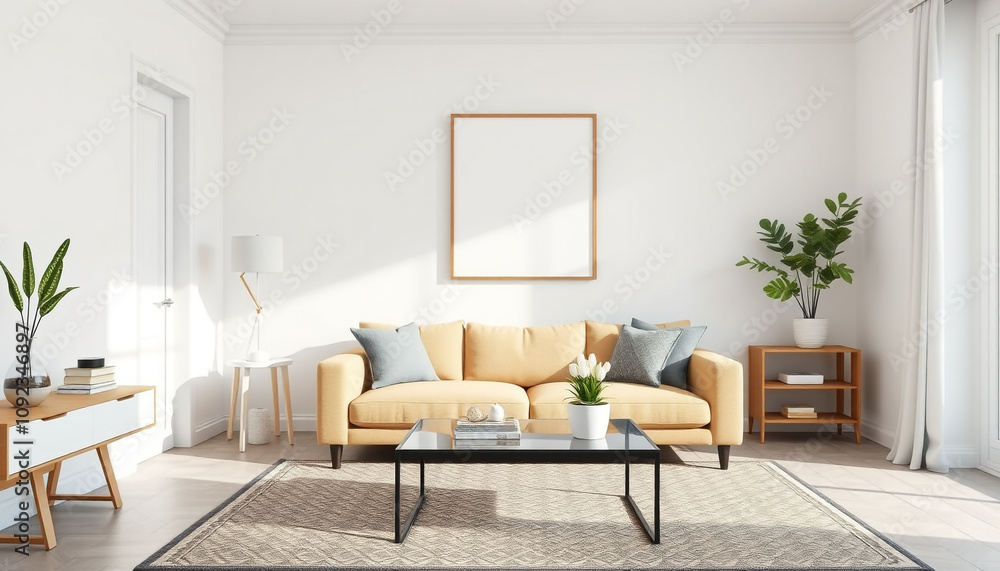 Modern Living Room with Cozy Sofa and Empty Blank Canvas in The Wall, Art Design Inspiration Concept. Modern Living Room with Cozy Sofa and Empty Blank Canvas in The Wall, Art Design Inspiration Concept.