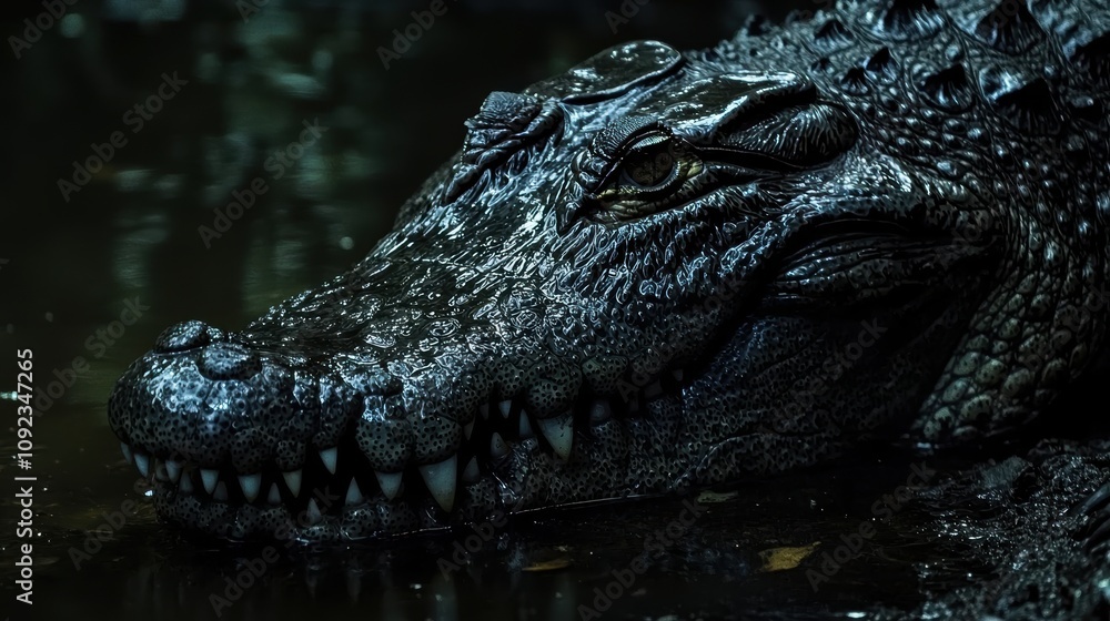Obraz premium Close-Up Portrait of a Captivating Crocodile Embedded in Dark Water Surrounded by Mysterious Jungle Shadows, Displaying Sharp Teeth and Intriguing Eyes