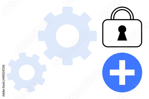 Gear wheels, padlock, and plus sign convey themes of security, efficiency, and progress. Ideal for technology, engineering, cybersecurity, healthcare IT mechanical processes technical enhancement