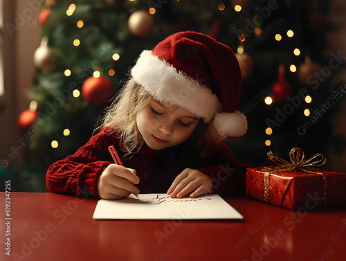 A young girl in a Santa hat sits at a red table, carefully writing a letter to Santa. The cozy Christmas tree background, warm lighting, and festive atmosphere evoke holiday cheer. photo