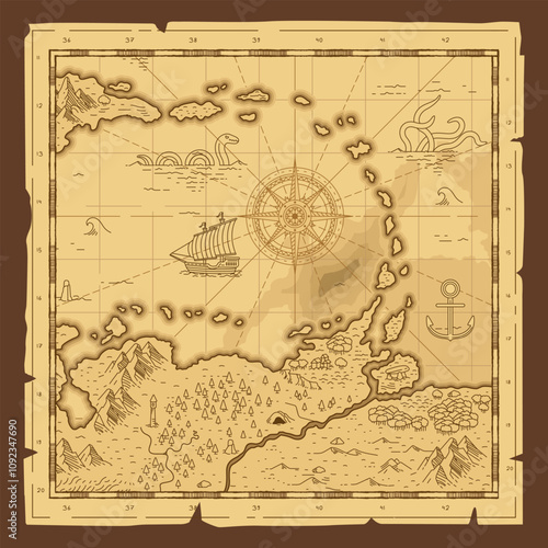 Old vintage grunge paper fantasy map pirate treasure map worn parchment ships and compass wind rose