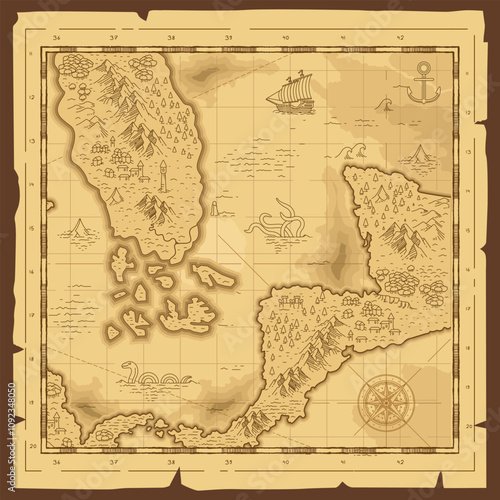 Old vintage grunge paper fantasy map pirate treasure map worn parchment with ships with compass wind