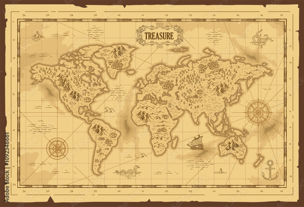 Fototapeta premium Old vintage grunge paper fantasy world map pirate treasure map worn parchment with ships with compass wind rose