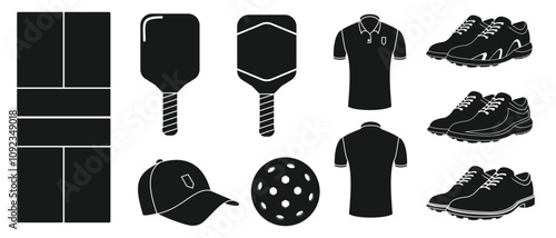 pickleball set design, sports equipment, black solid style, editable vector eps 10.