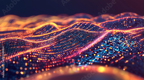 shimmering fractal digital landscape with vibrant light waves, showcasing intricate patterns and colors. This mesmerizing visual evokes sense of depth and movement