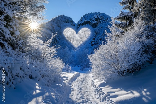 Heart-shaped snowy mountain landscape with sunburst in winter wonderland