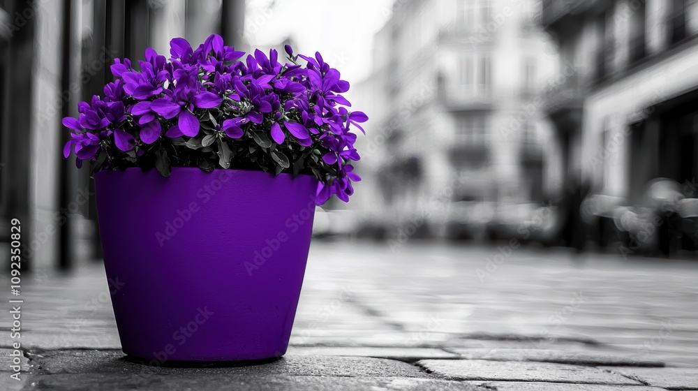 A vibrant purple flower pot filled with delicate flowers stands out against a black-and-white city street, creating a striking visual contrast and inviting ambiance in an urban setting.
