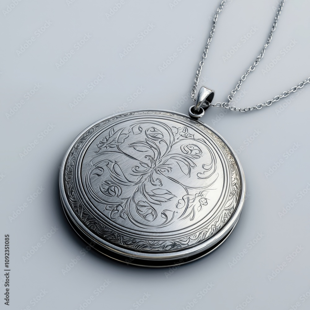 Intricately designed silver locket pendant with floral patterns on a delicate chain Intricately designed silver locket pendant with floral patterns on a delicate chain