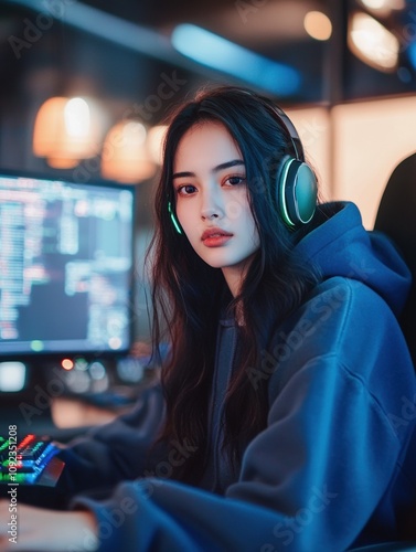 A beautiful thai lady engaged in gaming at her computer embracing modern technology and style