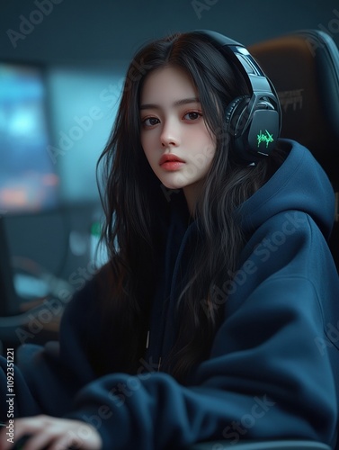 A stunning thai woman engaged in gaming while wearing headphones and a hoodie in a modern setup
