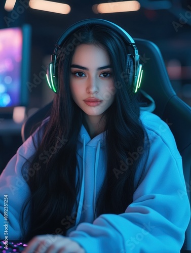 A stunning thai lady immersed in gaming culture with headphones capturing the essence of modern technology and lifestyle