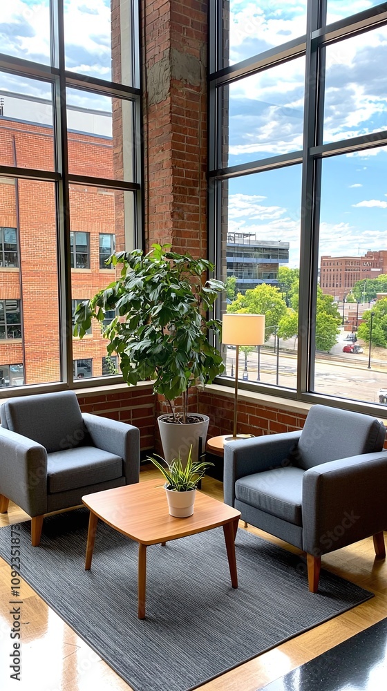 Obraz premium Modern Office Waiting Area with City View.