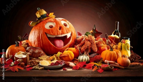 Thanksgiving is Funny with an Animal Laugh Meme, Super Funny and Messy Decorated Food, AI-Generated photo