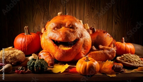 Thanksgiving is Funny with an Animal Laugh Meme, Super Funny and Messy Decorated Food, AI-Generated photo